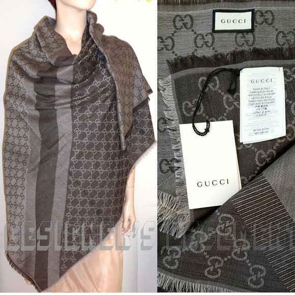 GUCCI brown & taupe GGWEB giant 55"- square wool & silk pashmina shawl scarf NWT - Picture 4 of 10